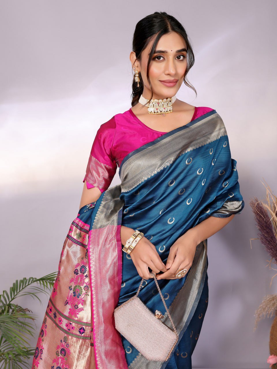 Navy Blue And Pink Banarasi Soft Silk Saree