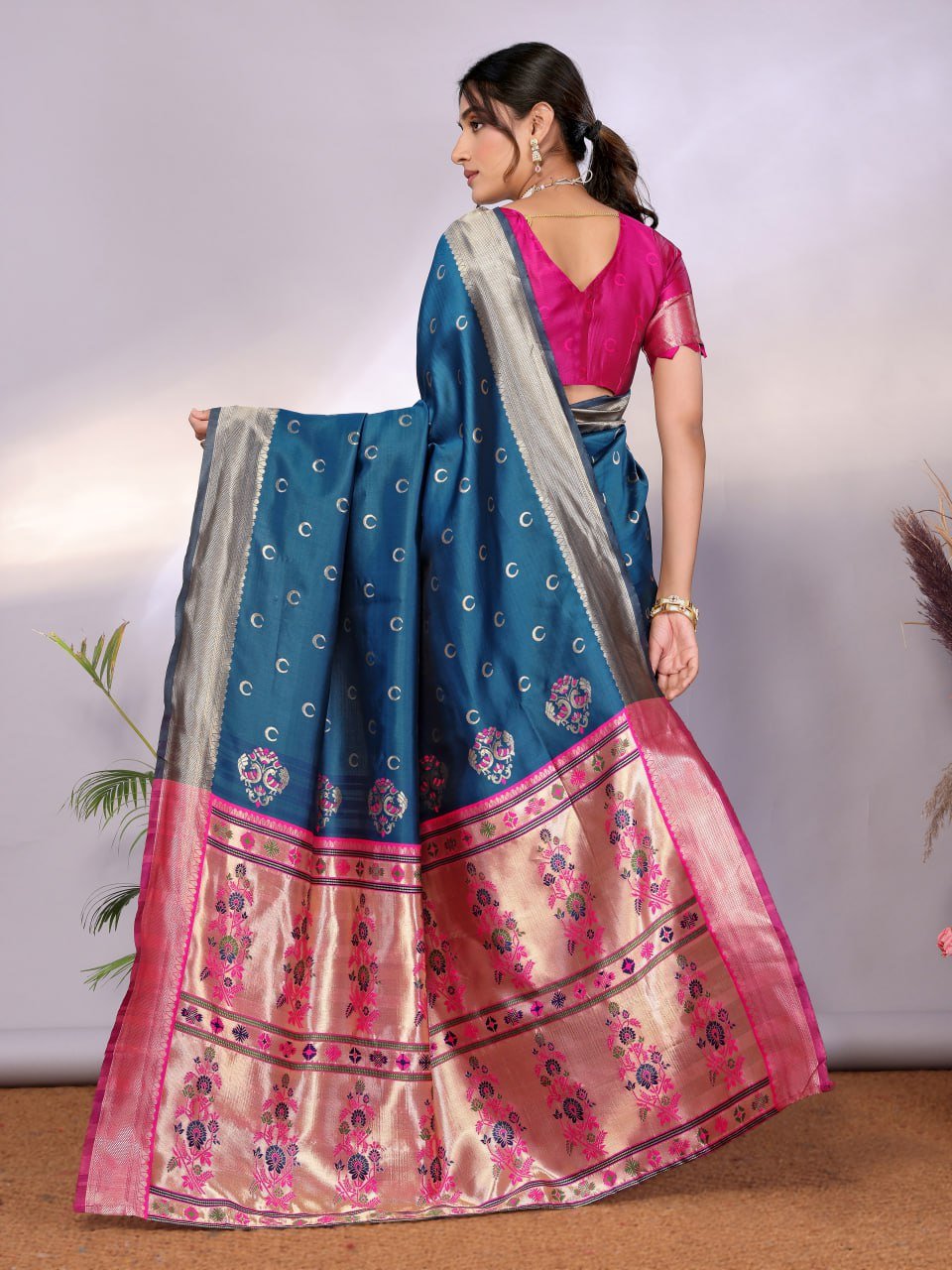 Navy Blue And Pink Banarasi Soft Silk Saree