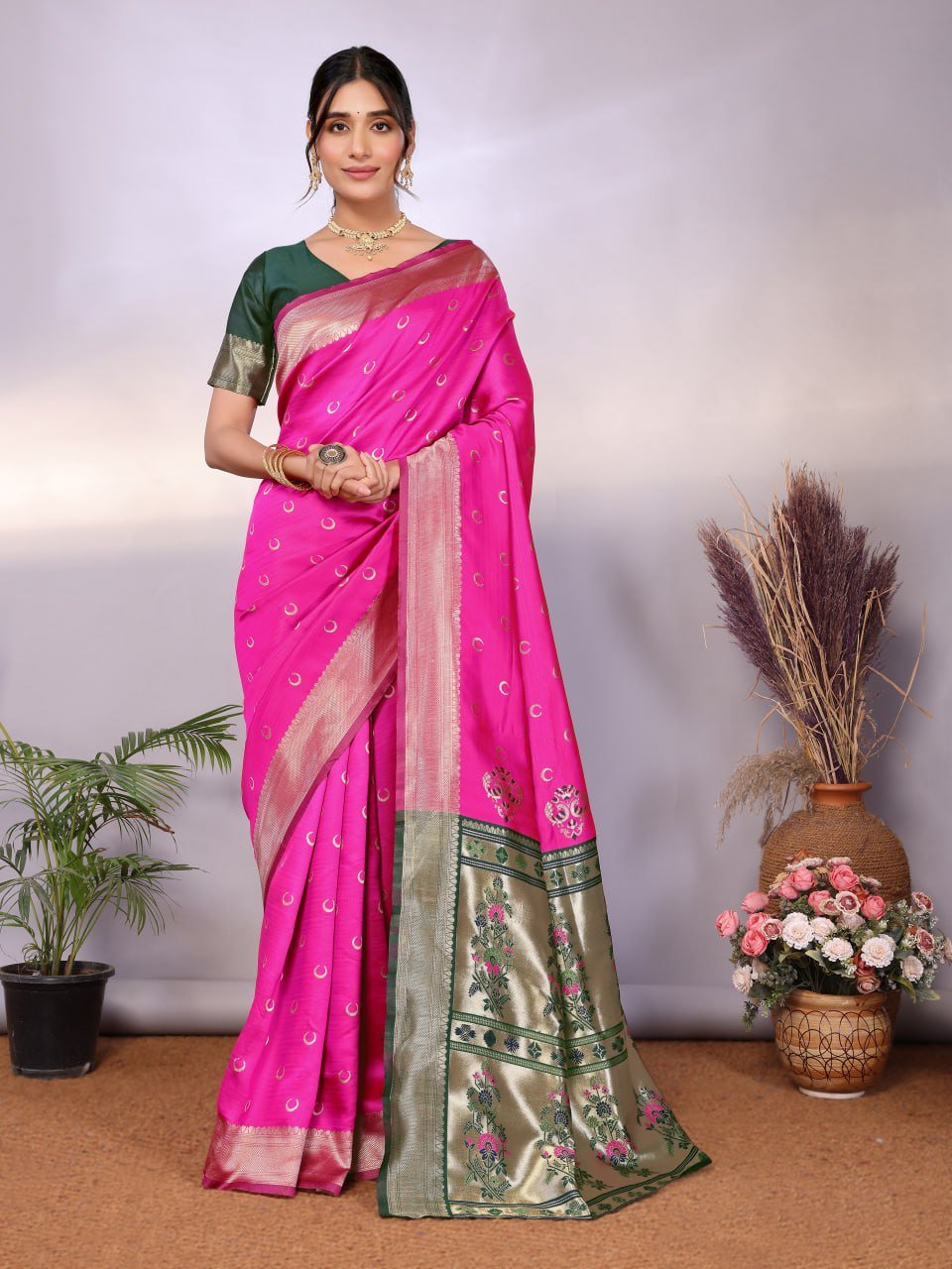 Pink And Dark Green Banarasi Soft Silk Saree