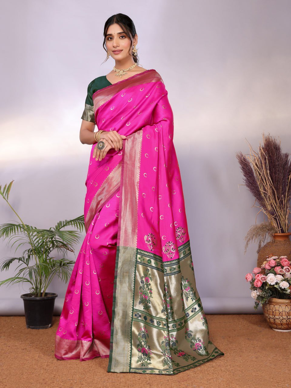 Pink And Dark Green Banarasi Soft Silk Saree