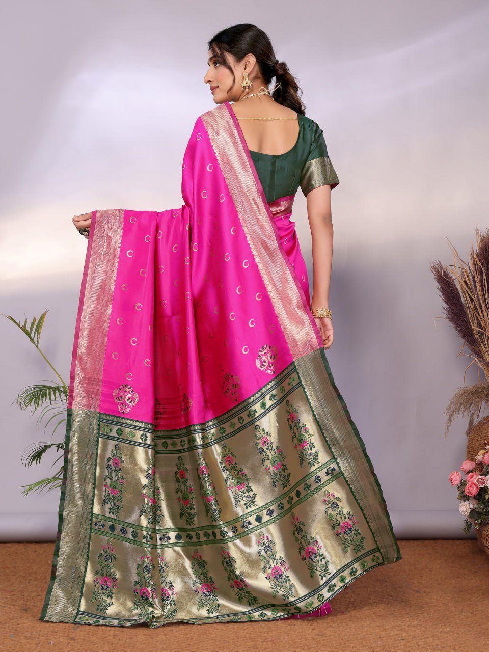 Pink And Dark Green Banarasi Soft Silk Saree