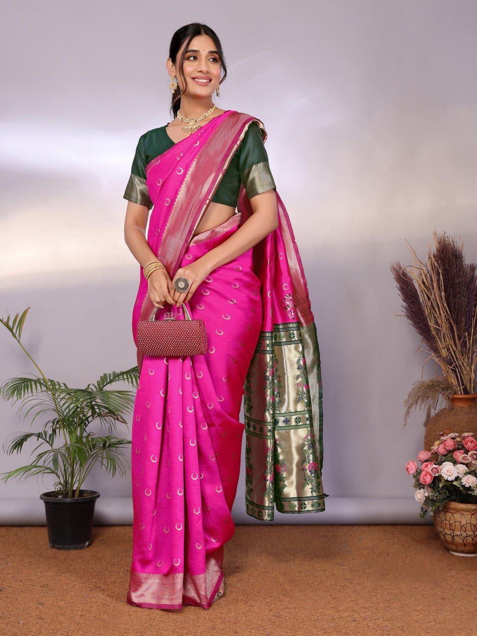 Pink And Dark Green Banarasi Soft Silk Saree