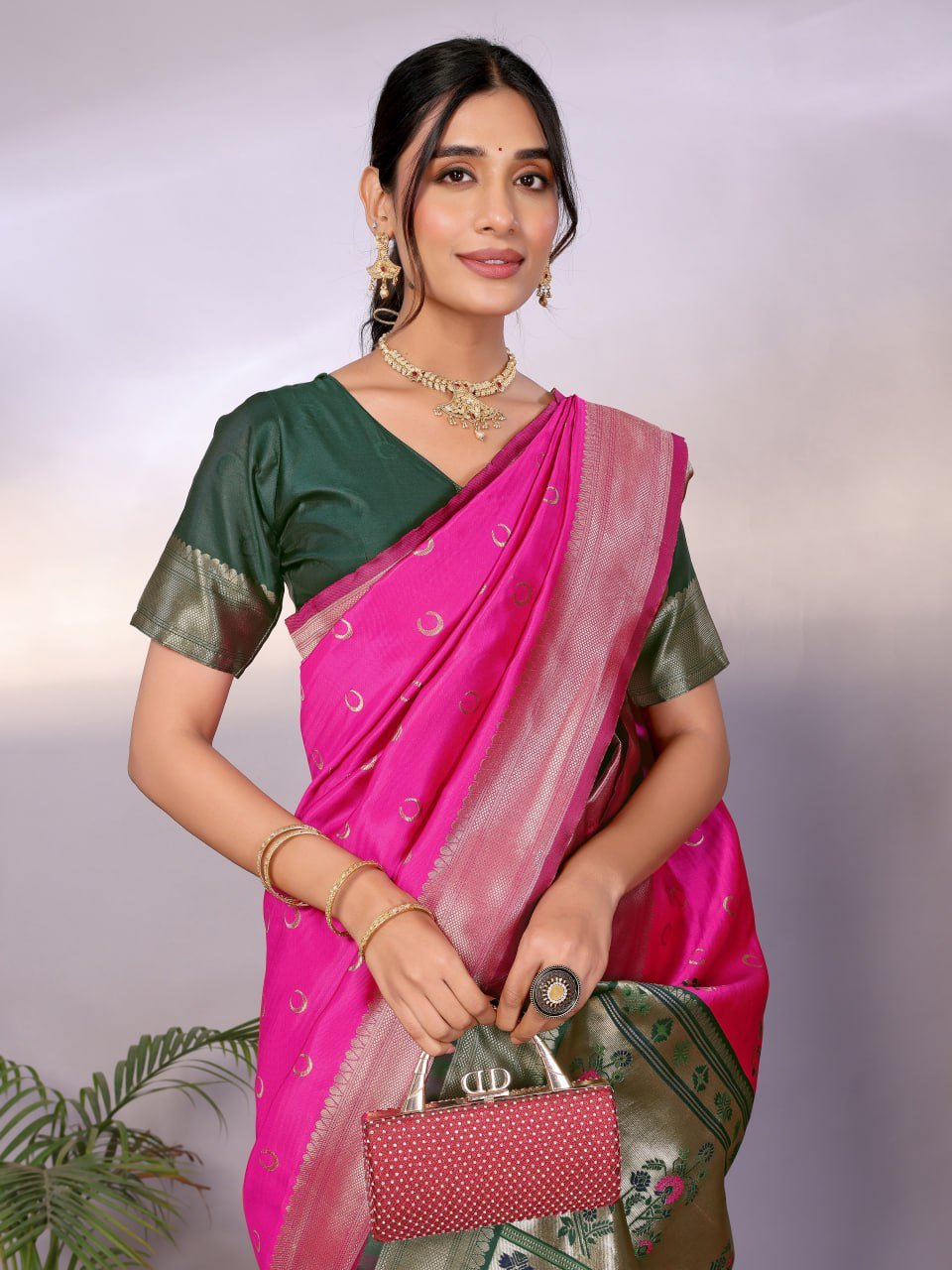 Pink And Dark Green Banarasi Soft Silk Saree
