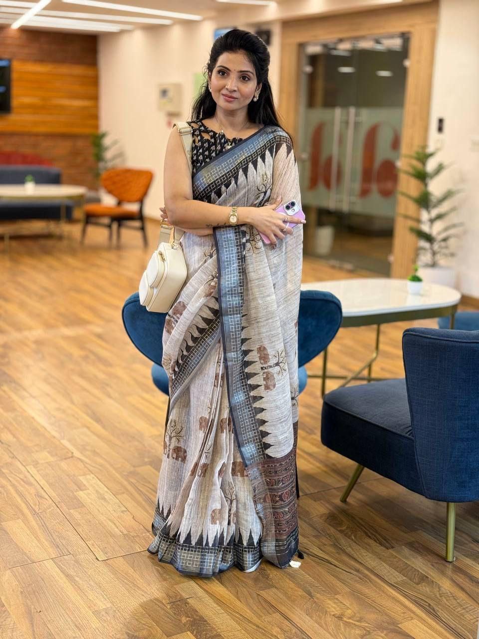 Off White Soft Linen Digital Printed Sraee