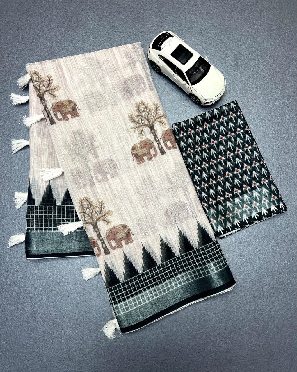 Off White Soft Linen Digital Printed Sraee