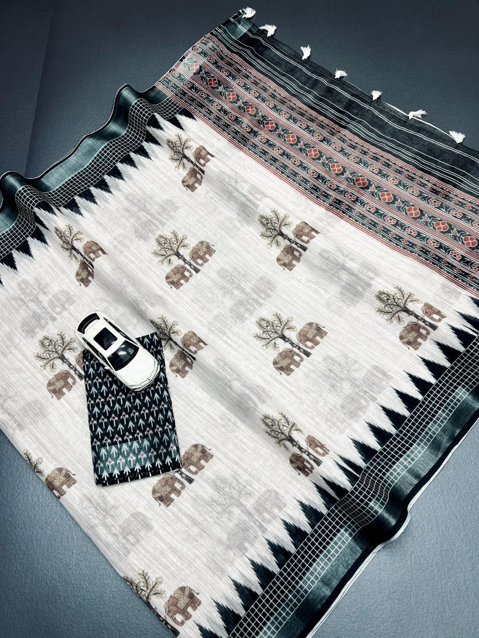 Off White Soft Linen Digital Printed Sraee