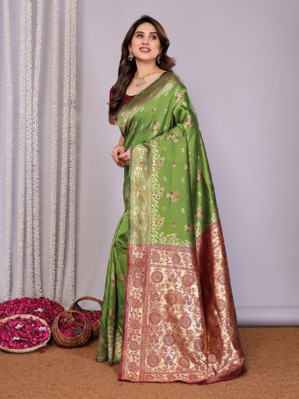 Leaf Green And Red Banarasi Soft Silk Saree