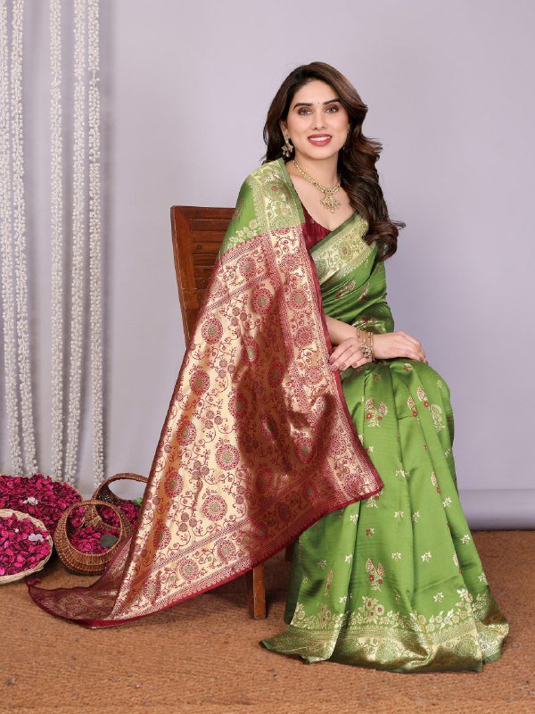 Leaf Green And Red Banarasi Soft Silk Saree