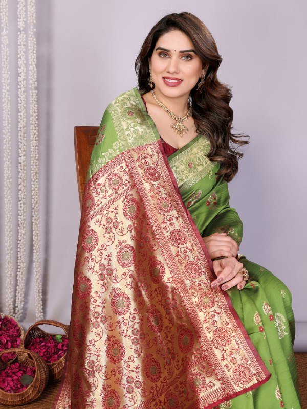 Leaf Green And Red Banarasi Soft Silk Saree