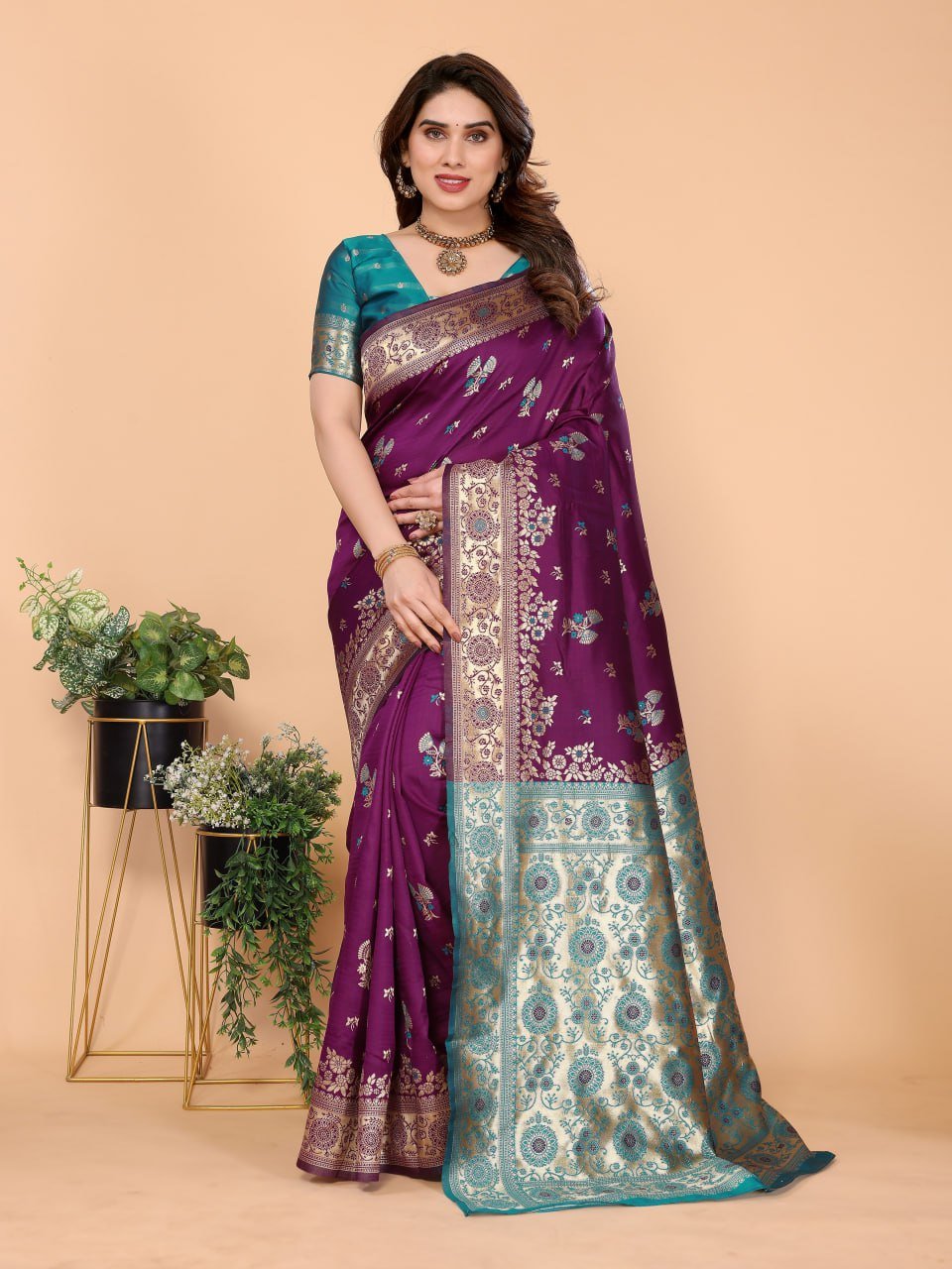 Purple And Turquoise Banarasi Soft Silk Saree