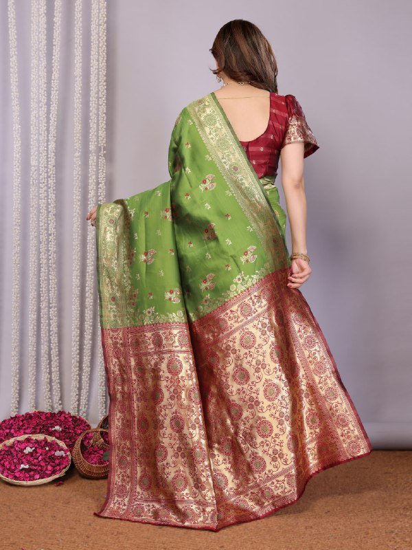 Leaf Green And Red Banarasi Soft Silk Saree