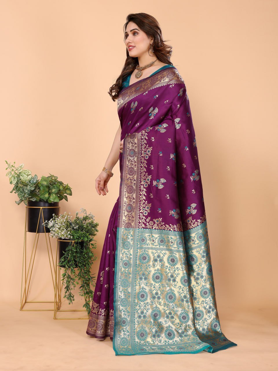 Purple And Turquoise Banarasi Soft Silk Saree