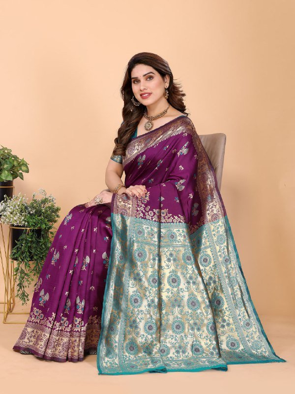 Purple And Turquoise Banarasi Soft Silk Saree