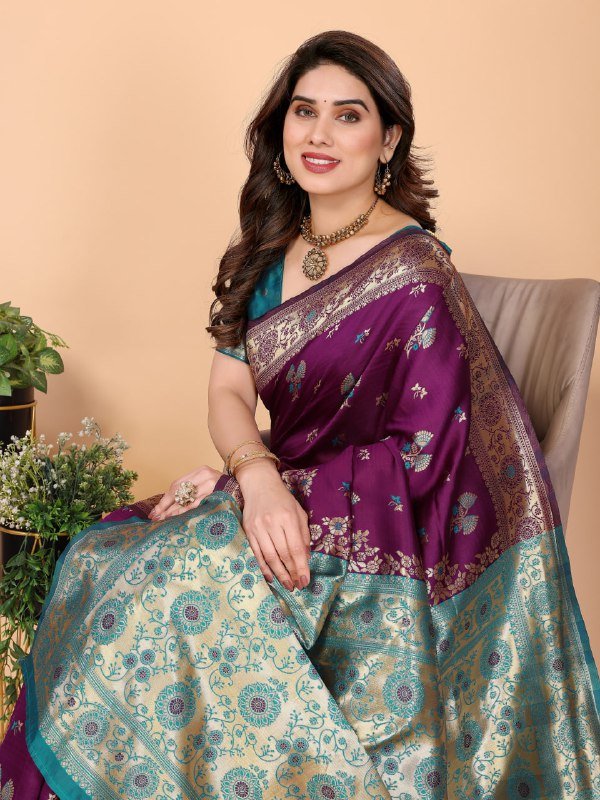 Purple And Turquoise Banarasi Soft Silk Saree