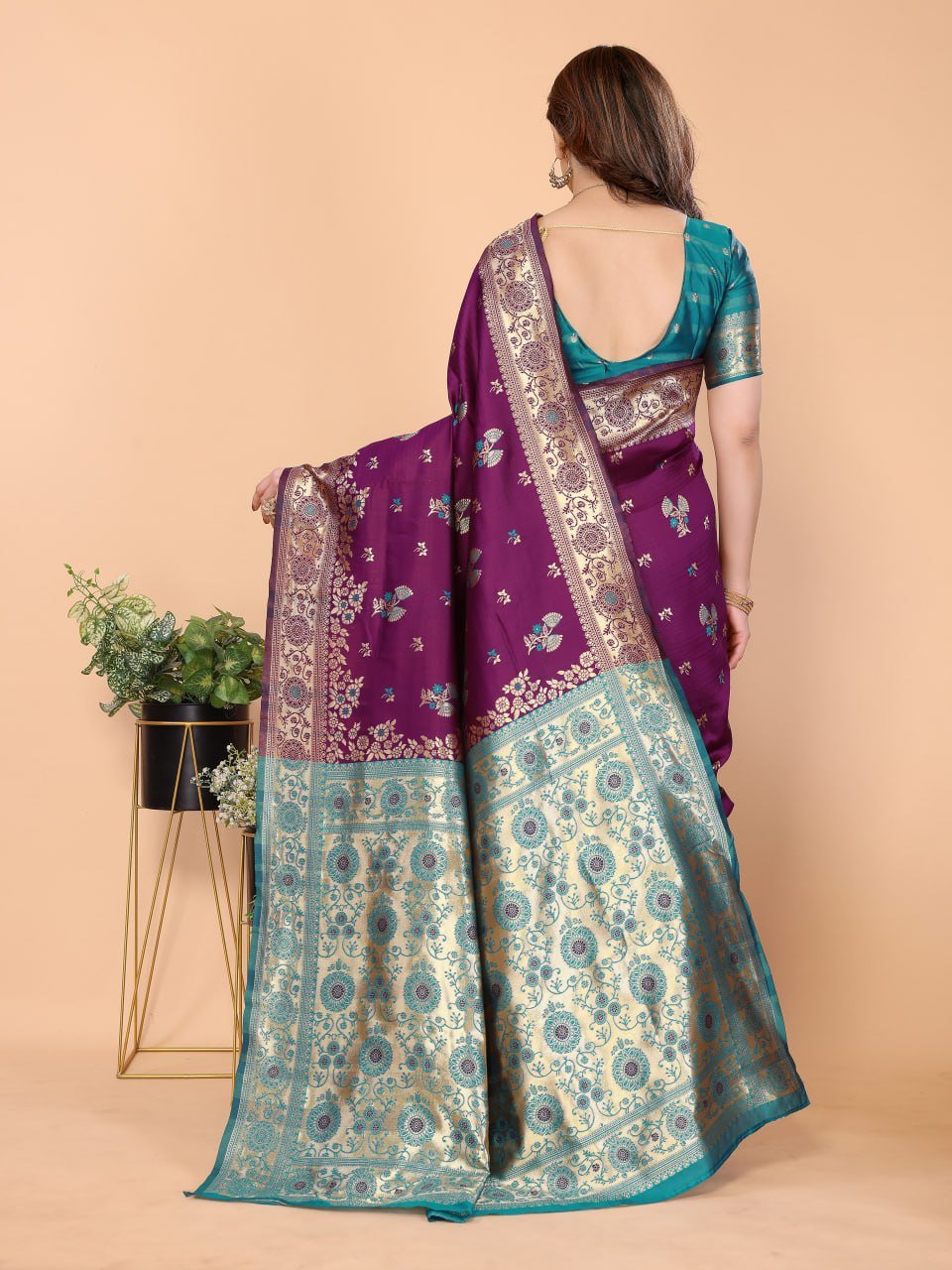 Purple And Turquoise Banarasi Soft Silk Saree