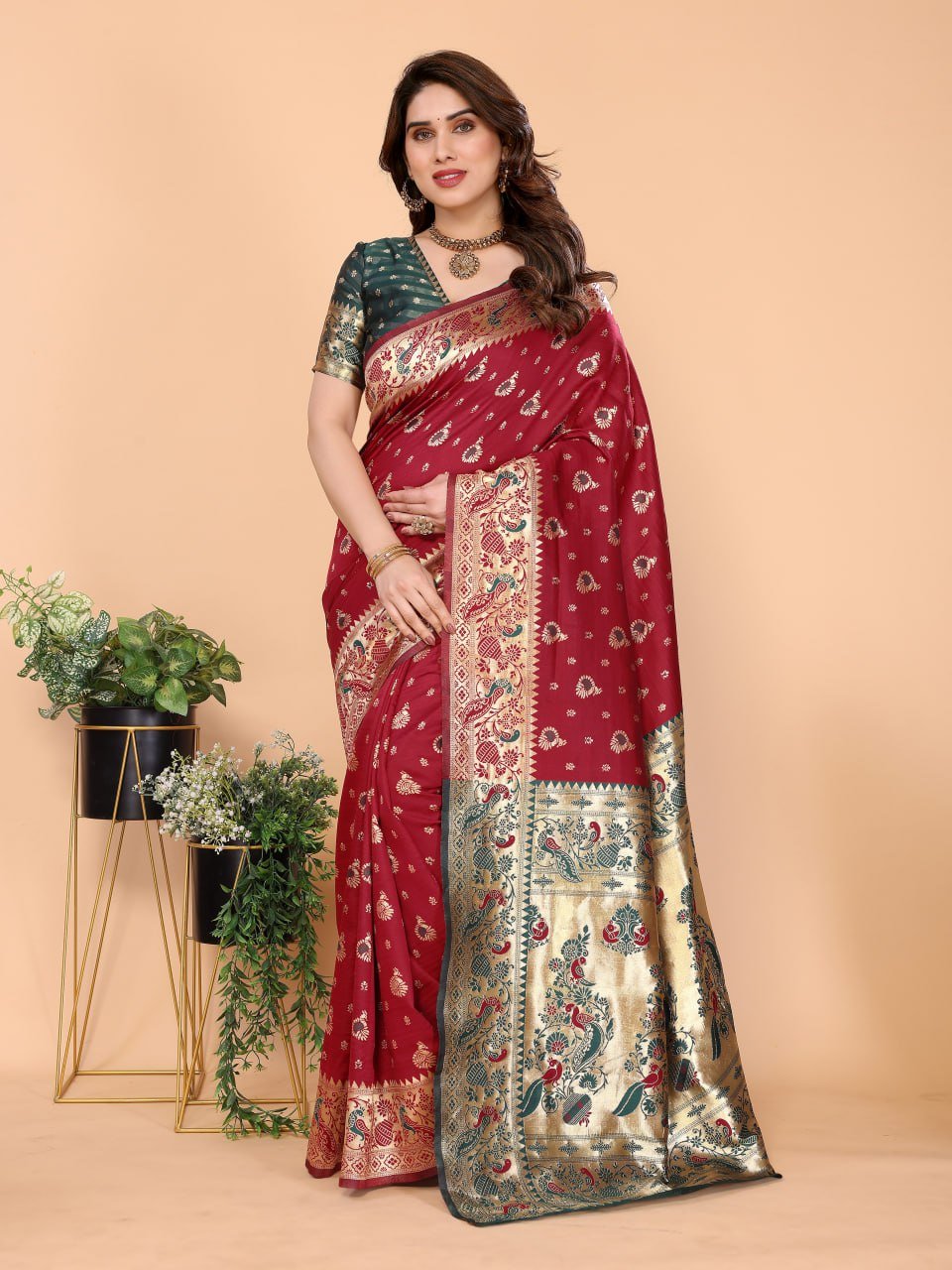 Maroon And Dark Green Banarasi Soft Silk Saree
