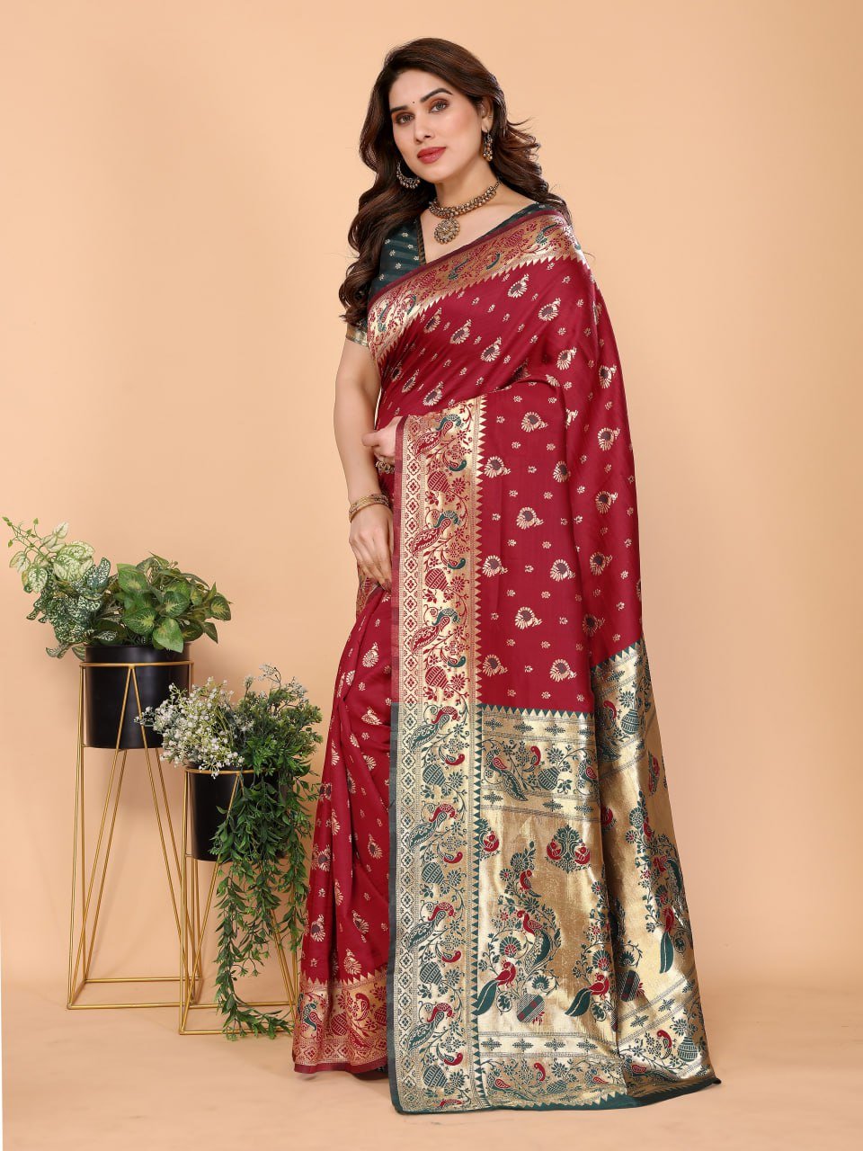 Maroon And Dark Green Banarasi Soft Silk Saree