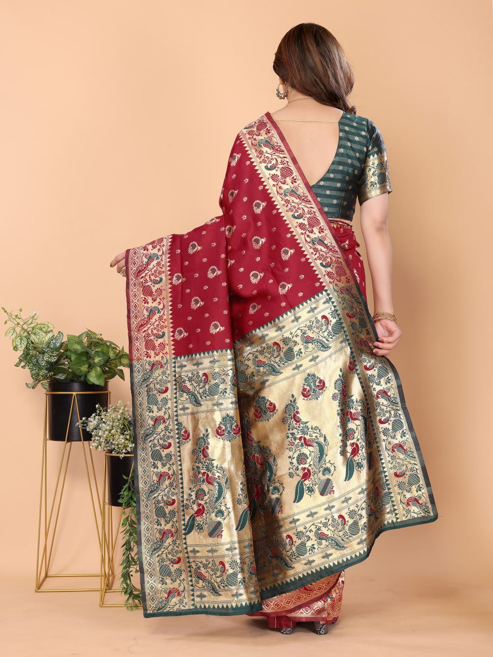 Maroon And Dark Green Banarasi Soft Silk Saree