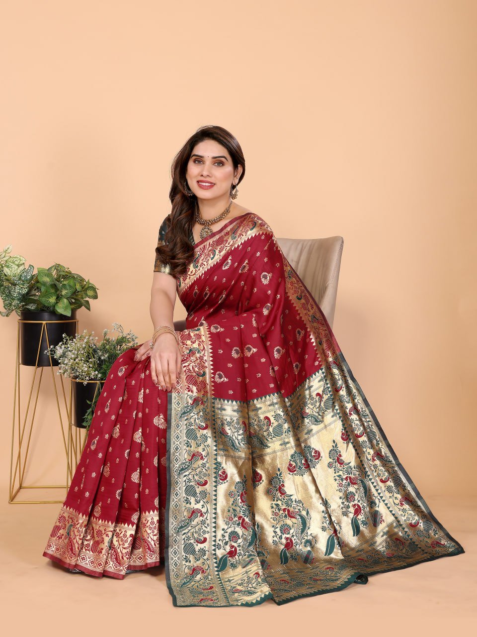 Maroon And Dark Green Banarasi Soft Silk Saree