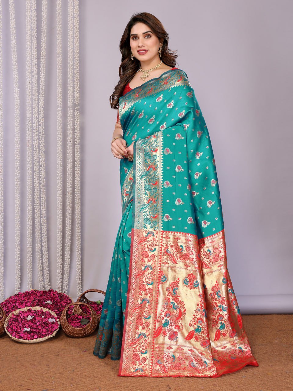 Turquoise And Red Banarasi Soft Silk Saree