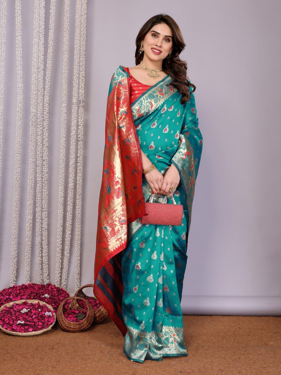 Turquoise And Red Banarasi Soft Silk Saree