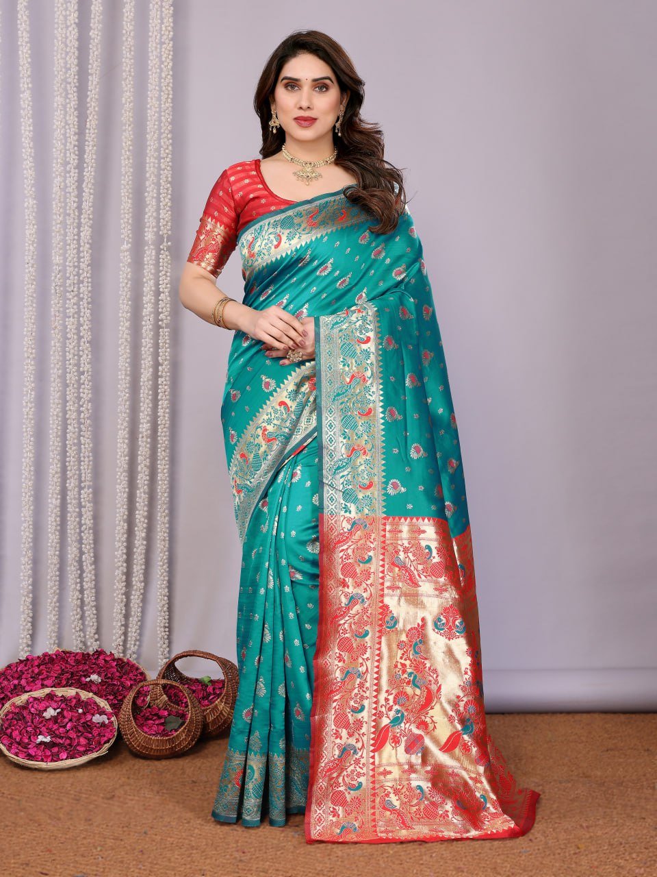 Turquoise And Red Banarasi Soft Silk Saree