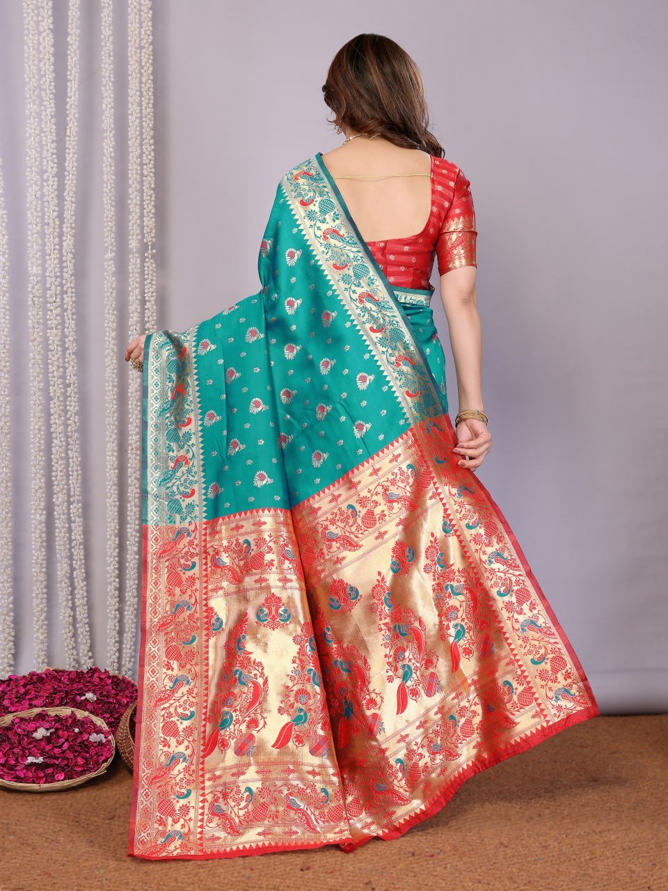 Turquoise And Red Banarasi Soft Silk Saree