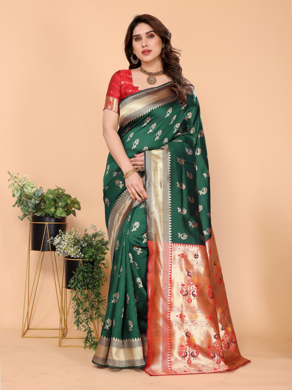 Dark Green And Red Banarasi Soft Silk Saree
