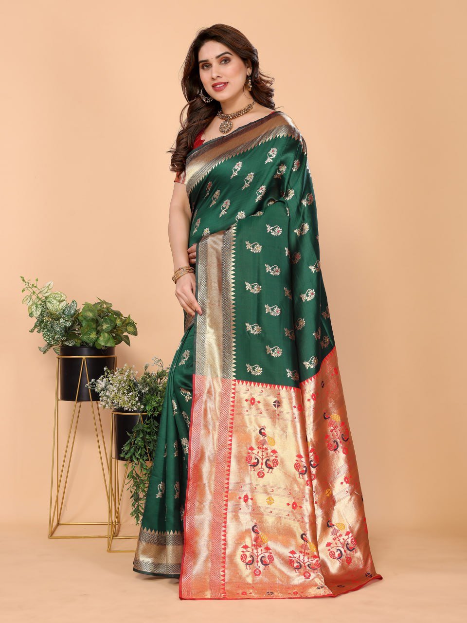 Dark Green And Red Banarasi Soft Silk Saree