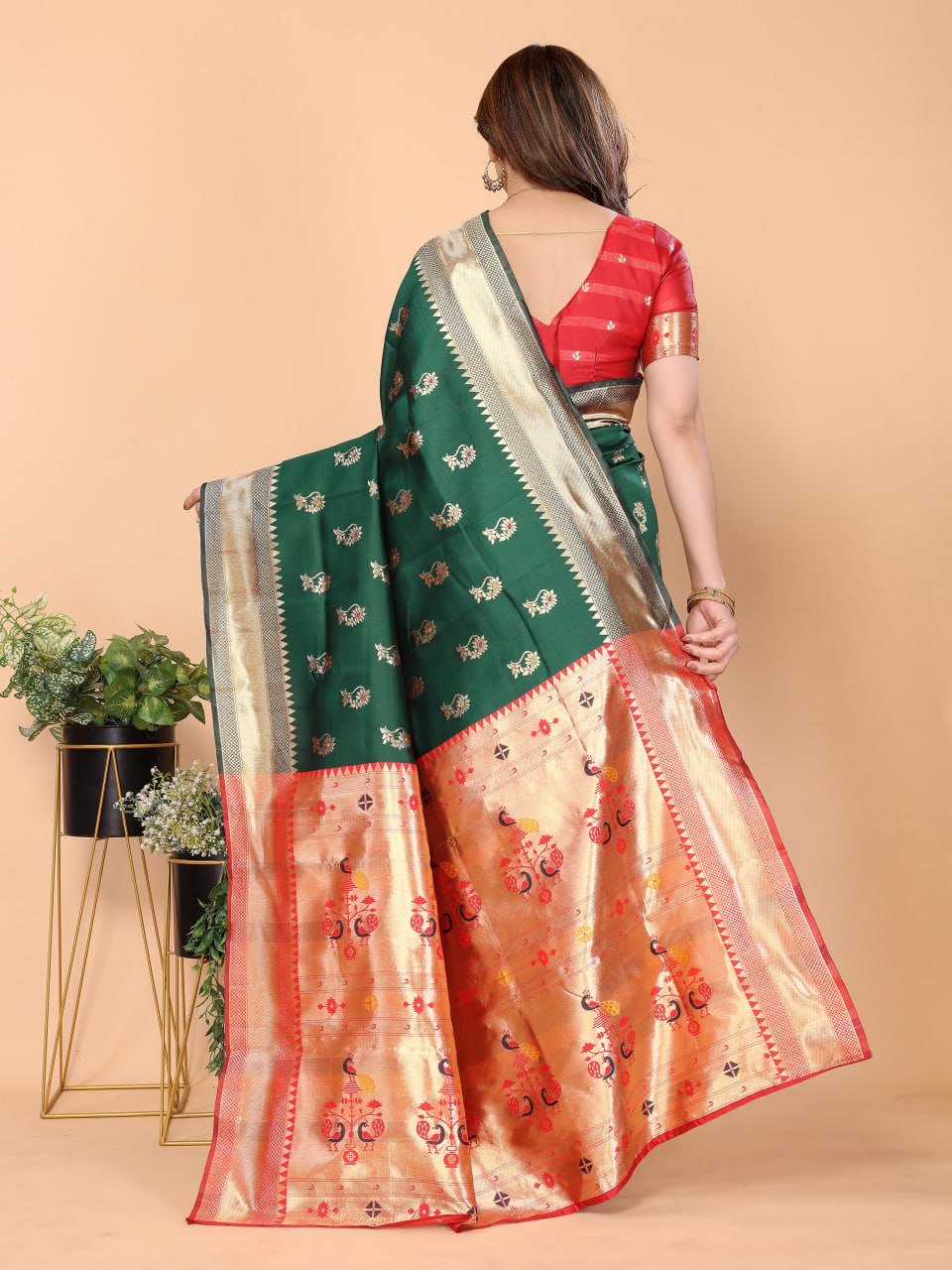 Dark Green And Red Banarasi Soft Silk Saree