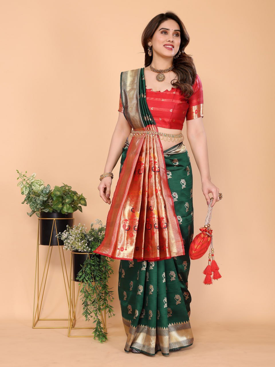 Dark Green And Red Banarasi Soft Silk Saree