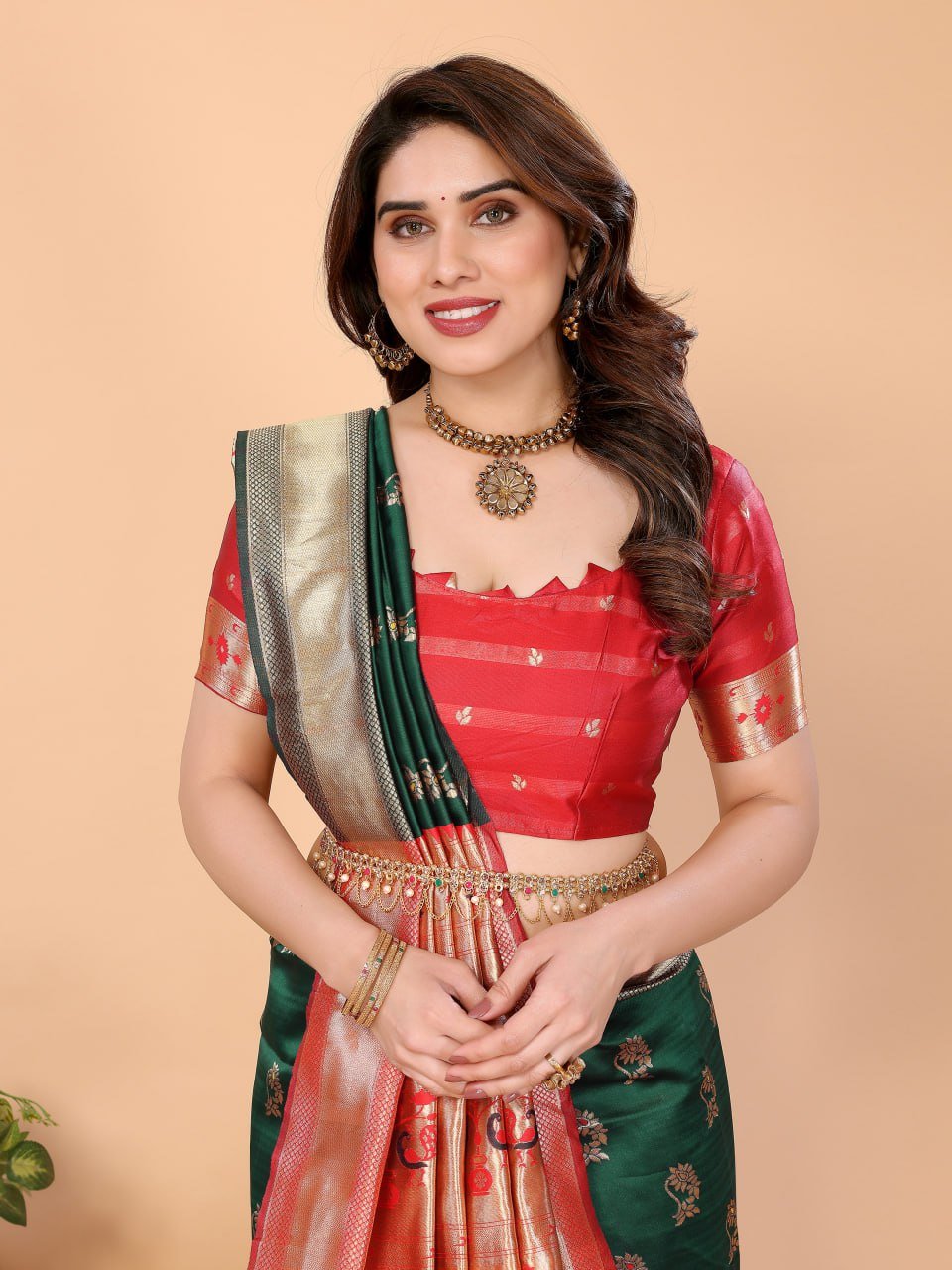 Dark Green And Red Banarasi Soft Silk Saree