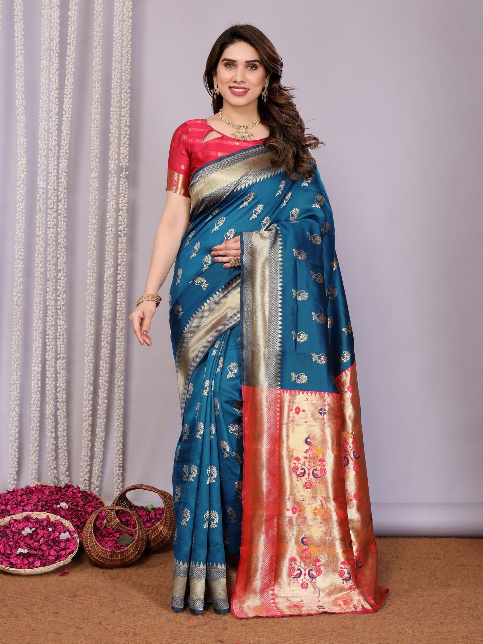 Navy Blue And Red Banarasi Soft Silk Saree