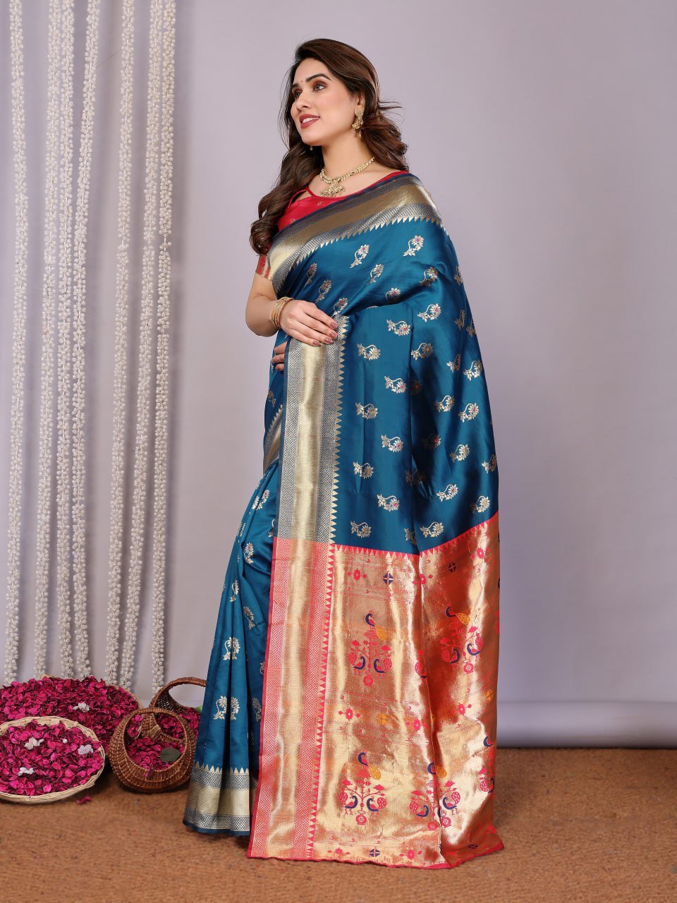 Navy Blue And Red Banarasi Soft Silk Saree