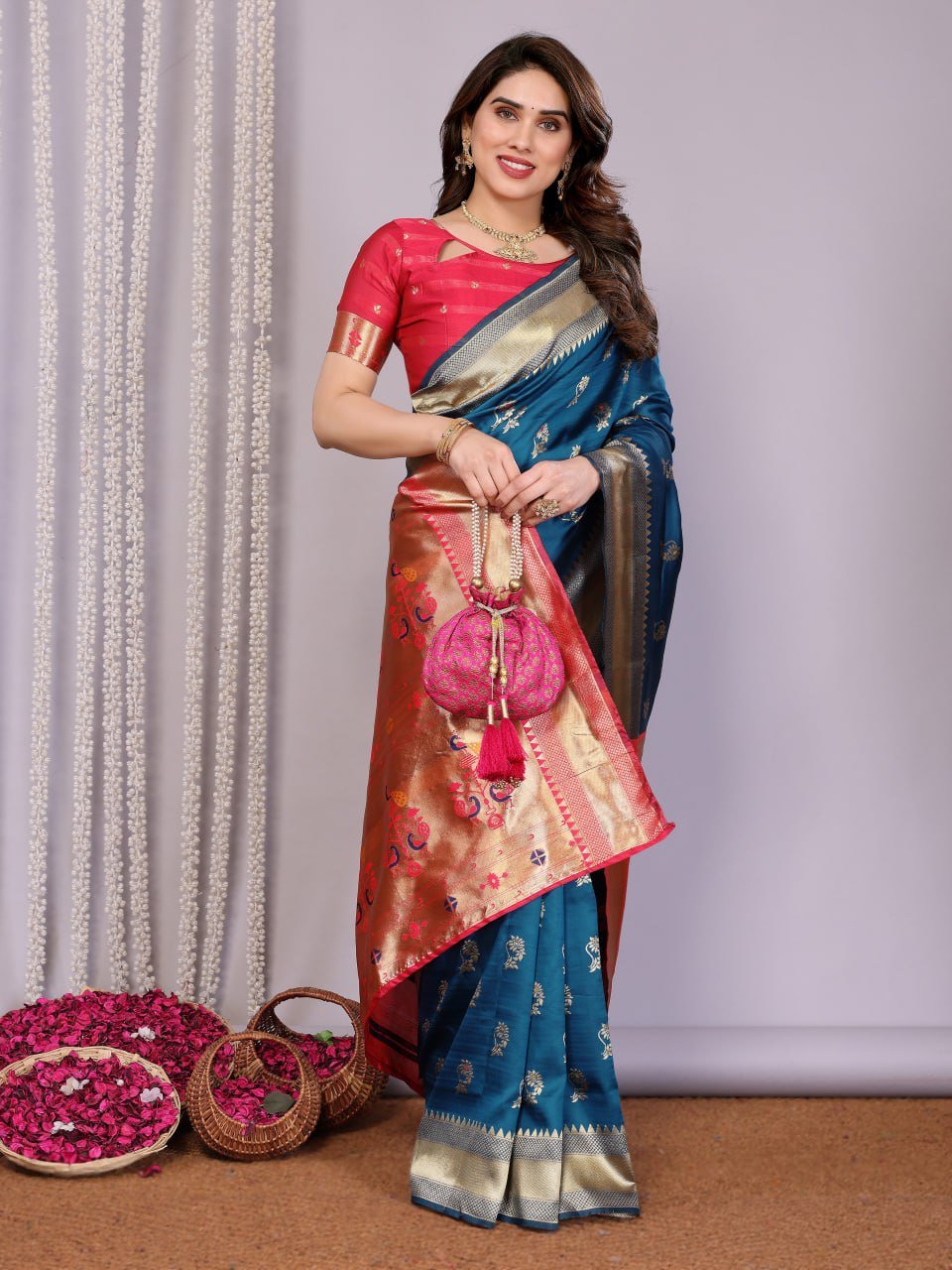 Navy Blue And Red Banarasi Soft Silk Saree