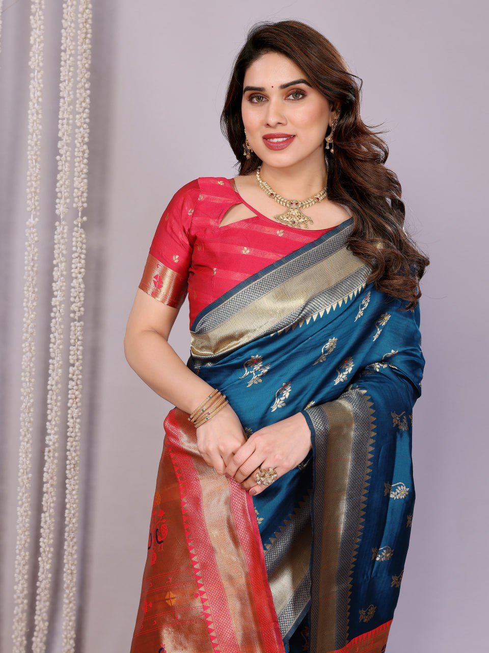 Navy Blue And Red Banarasi Soft Silk Saree