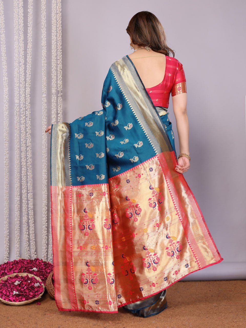 Navy Blue And Red Banarasi Soft Silk Saree