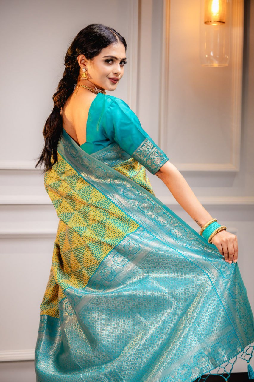 Turquoise Banarasi Soft Silk Saree