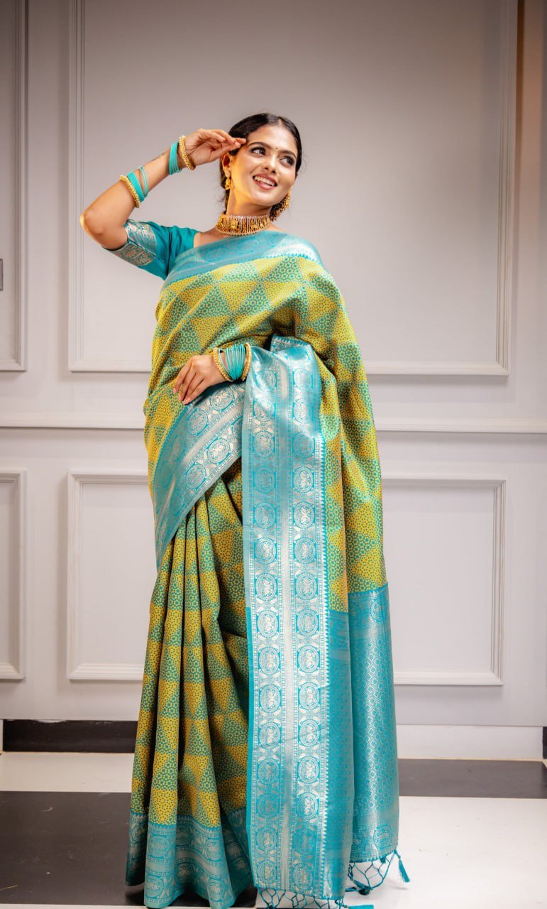 Turquoise Banarasi Soft Silk Saree