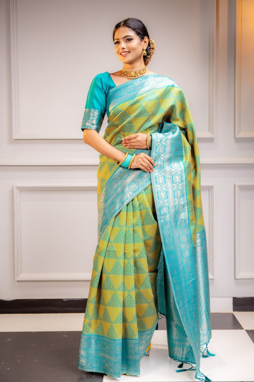 Turquoise Banarasi Soft Silk Saree