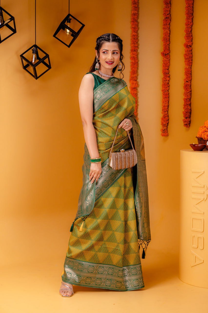 Lime Yellow Banarasi Soft Silk Saree