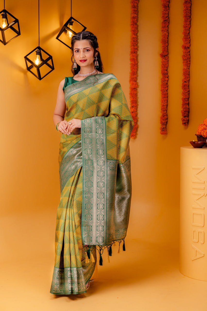 Lime Yellow Banarasi Soft Silk Saree