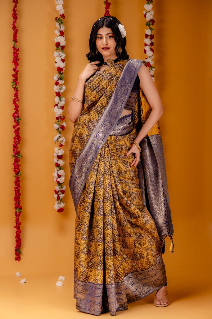 Golden Yellow Banarasi Soft Silk Saree