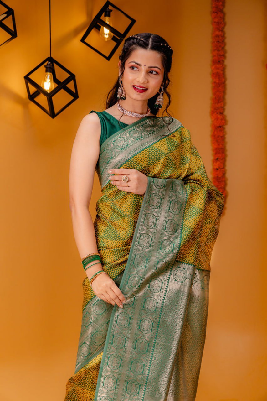 Lime Yellow Banarasi Soft Silk Saree