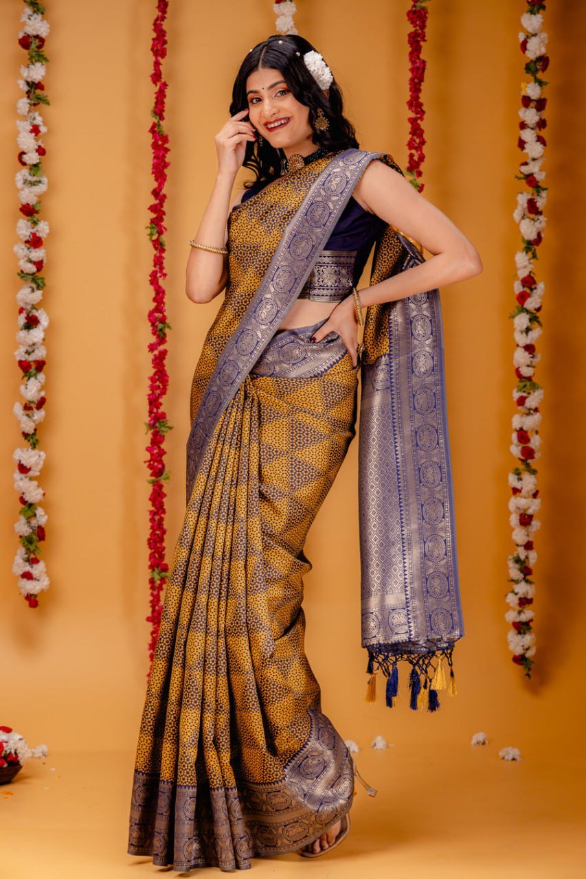 Golden Yellow Banarasi Soft Silk Saree
