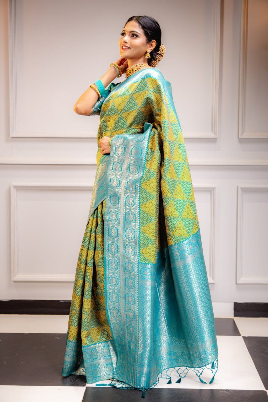 Turquoise Banarasi soft silk saree with zari weaving – festive saree for women