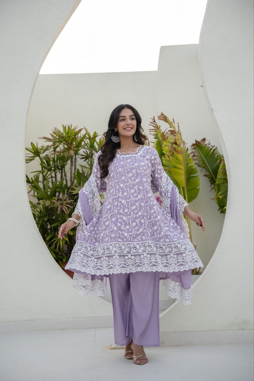 Lavender Mal Embroidey Sequnce Work Kurti Set