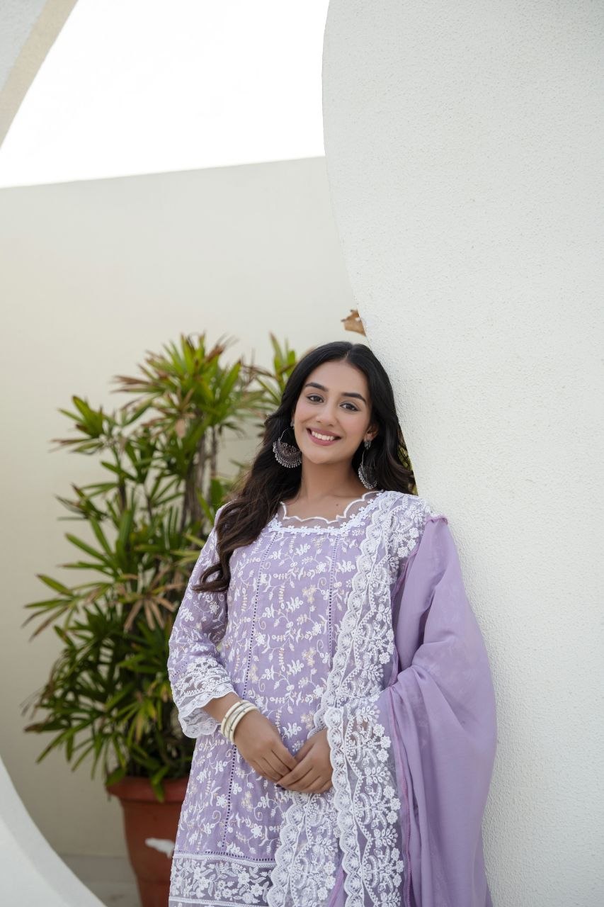 Lavender Mal Embroidey Sequnce Work Kurti Set