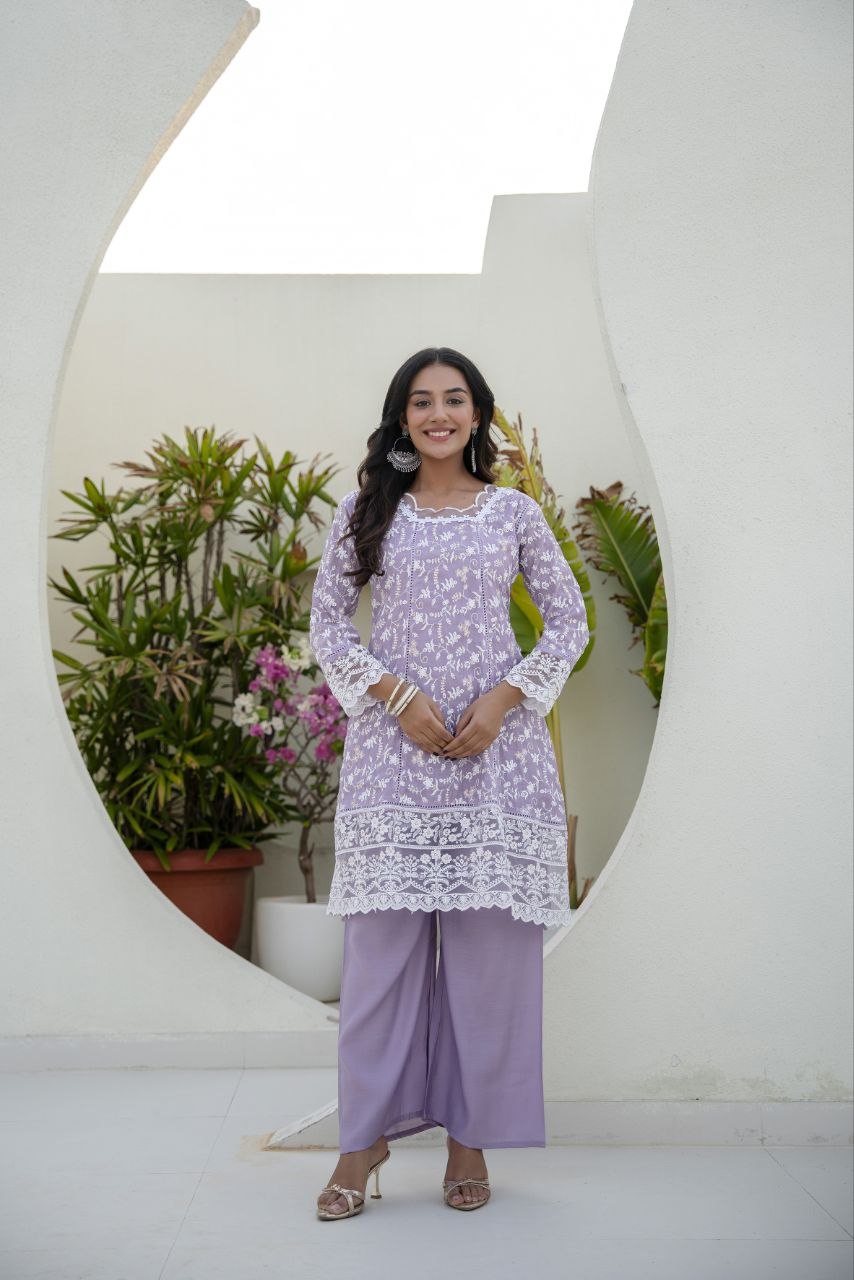 Lavender Mal Embroidey Sequnce Work Kurti Set