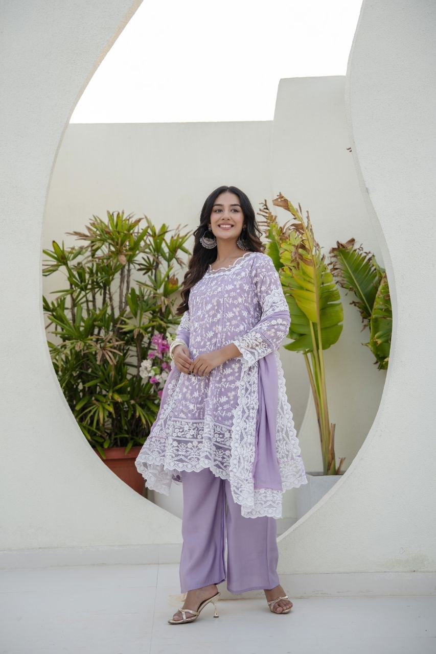 Lavender Mal Embroidey Sequnce Work Kurti Set